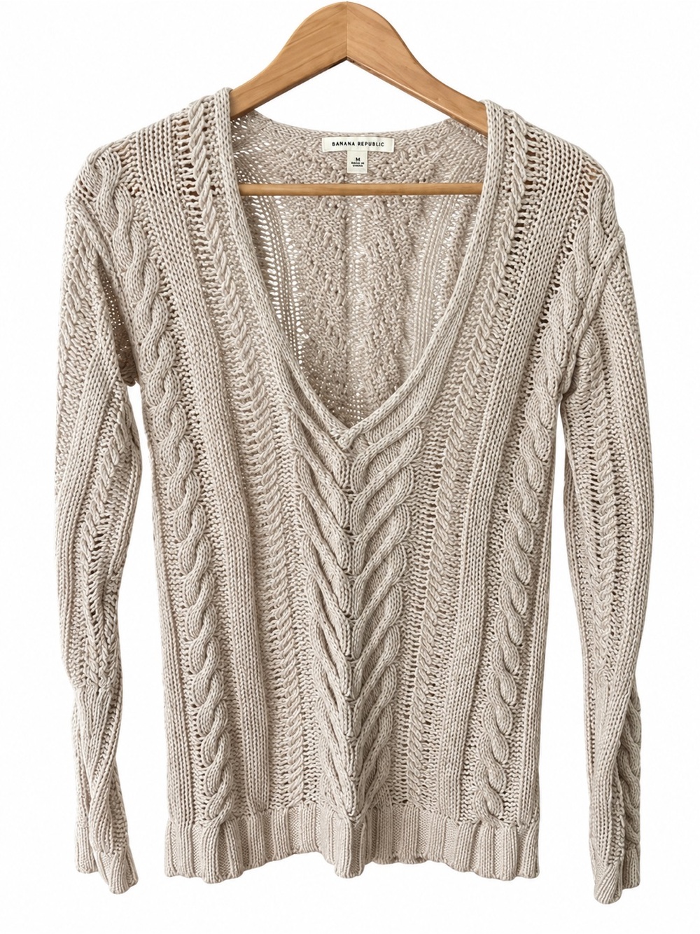 Vintage Y2K Banana Republic Cotton Cable Knit V-Neck Sweater Tan S